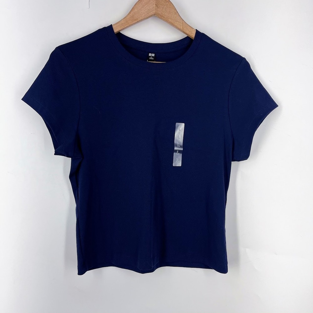Uniqlo Women Navy Blue Mini T-Shirt Short Sleeve Cotton Stretch Large 474410 NWT